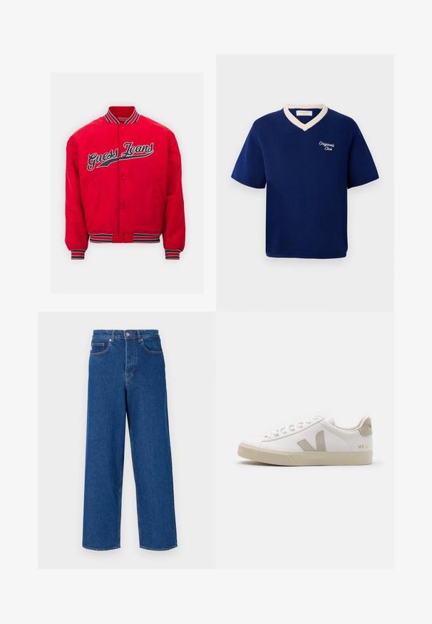 Guess Jeans WITH PATCH - Chaquetas bomber - rugby red; Camisa de punto de manga corta azul marino con ribete en V color crema y "Originals Club" bordado en el lado izquierdo del pecho.; Camisa de vestir blanca de manga larga con cuello abotonado, botones en el frente, dobladillo recto y tejido de algodón suave. Diseño minimalista sin patrones.; Vaqueros de pierna ancha azul, fabricados en denim, con cintura alta, diseño de cinco bolsillos y costuras contrastantes a lo largo de las costuras y los bolsillos.; Zapatillas blancas de cuero con acentos en beige, suela plana de goma, puntera redonda y logotipo contrastante en el lado y la parte trasera. Diseño con cordones.
