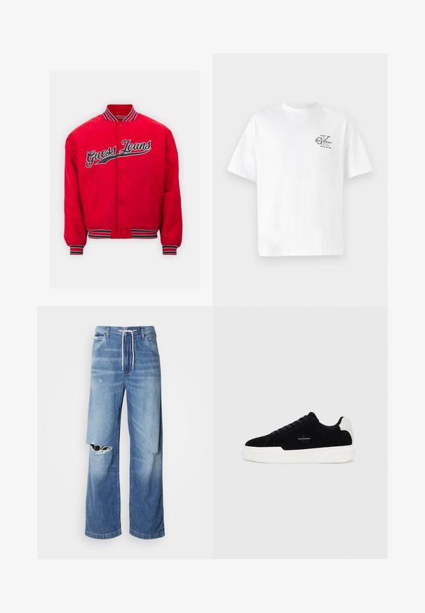 Guess Jeans WITH PATCH - Bomberjacks - rugby red; Witte katoenen T-shirt met korte mouwen, ronde hals, met een zwart CK-logo op de linkerborst, normale pasvorm, gladde textuur.; Lichtblauwe denim jeans met een losse fit, voorzien van een witte trekkoord in de taille en duidelijke scheuren aan de voorkant, met rafelige randen.; Zwarte lage sneaker met witte zool en hielstrip, vetersluiting aan de voorkant en Calvin Klein-logo op de zijkant.