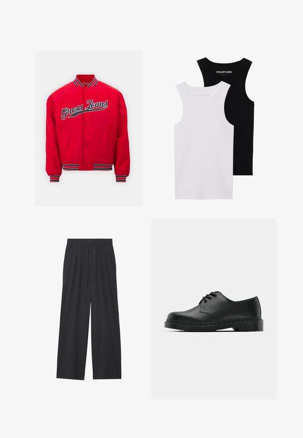 Guess Jeans WITH PATCH - Bomberjacks - rugby red; Twee getailleerde tanktops in zwart en wit. Gemaakt van geribbelde katoen, ze hebben brede schouderbanden en afgeronde halslijnen. Merken op de kraag.; Wijd-uitlopende broeken van donkergrijze stof. Kenmerken zijn plooien bij de taille, een tailor-made ontwerp en een rechte silhouet.; Zwarte leren oxford schoenen met vetersluiting, ronde neus, platte rubberen zool en subtiele stiksel details langs het bovenwerk.