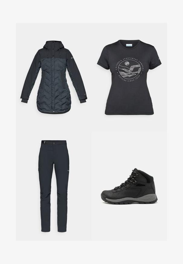 Lang, mørk marineblå isolert vinterjakke med hette, justerbare snoretrekk, sidelommer og glidelås foran dekket av trykknapper.; Svart Columbia t-skjorte med hvit sirkulær fjell- og elvlinjekunst og tekst "Columbia Sportswear Company Outside Since 1938."; Herre utendørsbukser, mørkegrå, laget av fleksibelt materiale, med belte, glidelåslommer og forsterkede sømmer.; Sorte turstøvler med mid-topp design, som har en teksturert overdel, grå detaljer og slitesterk gummisåle med godt grep.