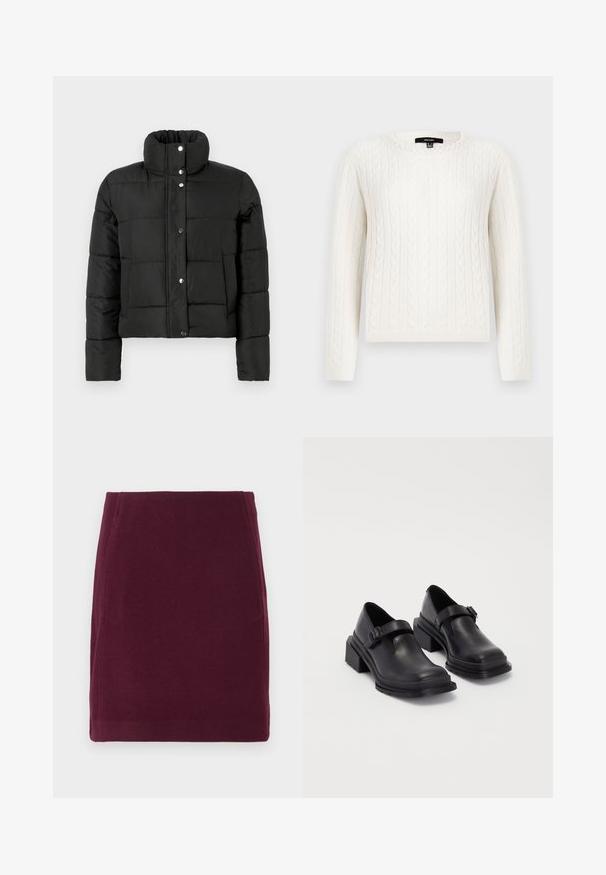 Jachetă puffer neagră cu guler înalt, mâneci lungi, nasturi pe față și două buzunare laterale, pe un fundal simplu și deschis.; Pulover alb din tricot cu model de cable, cu mâneci lungi, guler rotund și un detaliu decorativ cu perlă la guler. Textură moale și design strâns.; Vero Moda VMFORTUNALLISON SHORT - Fustă în formă de A - winetasting; Pantofi din piele neagră cu vârf rotunjit, talpă plată și o curea cu detaliu de cataramă. Toc gros pentru o stabilitate suplimentară.