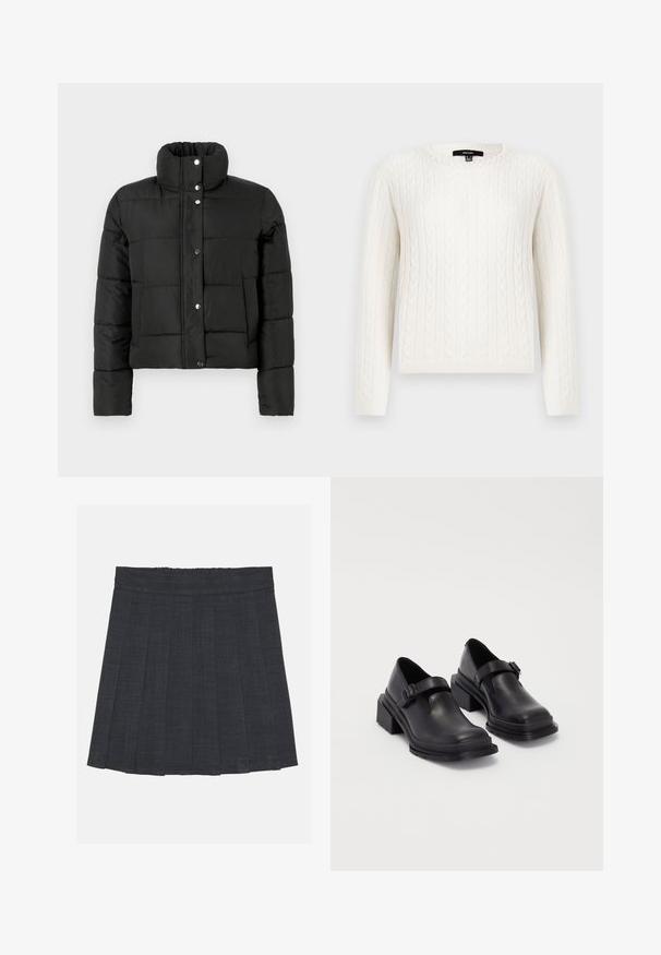 Črna puffer jakna z visokim ovratnikom, dolgimi rokavi, sprednjimi gumbi na pritisni mehanizem in dvema stranskima žepoma na enostavni svetli podlagi.; Bela pulover iz pletenine z dolgimi rokavi, okroglo ovratnico in okrasnim bisernim detajlom pri ovratniku. Mehka tekstura in prilagojen dizajn.; Temno siva nabrana krila z elastičnim pasom, ki ima teksturirano tkanino in klasično silhueto v obliki črke A. Primerna za vsakodnevno nošenje.; Črne usnjene čevlje z zaobljenim nosom, ravnim podplatom in trakcem z zaponko. Debel blokasti petnik za dodatno stabilnost.