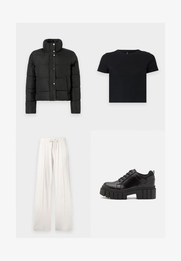 Crna puf jakna s visokim ovratnikom, dugim rukavima, prednjim dugmadi na preklapanje i dva bočna džepa na jednostavnoj svijetloj pozadini.; Crna majica s kratkim rukavima napravljena od mekanog pamuka. Ima okrugli izrez i pripijen kroj. Glatka tekstura bez uzoraka ili naglasaka.; Svijetlosmeđi dukserice od mekanog materijala, s vezicom u struku, širokim nogavicama i vertikalnim šavovima, s glatkom teksturom.; Crne kožne platforme s debelim blok-peta, okruglim prstima i klasičnim dizajnom vezanja. Imaju gladak tekstur i minimalne detalje.