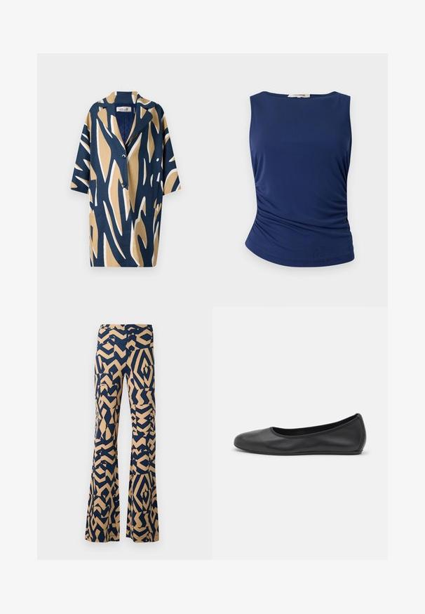 Cămașă cu mânecă scurtă, prezentând un pattern abstract îndrăzneț în nuanțe de marină, bej și alb, cu o croială lejeră și guler cu tăietură. Două buzunare frontale.; Top fără mâneci de culoare bleumarin, realizat dintr-un material neted și elastic. Prezintă detalii cu pliuri pe lateral și un tiv rotunjit pentru un aspect ajustat.; Pantaloni evazați cu un model geometric în nuanțe de bleumarin și bej. Realizați dintr-un material moale, cu un talie înaltă și picioare late.; Balerini din piele neagră, cu vârf rotund, textură netedă, detalii de cusătură minimale și un design al tălpii flexibil.