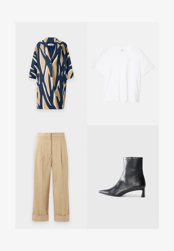 Short-sleeve shirt featuring a bold abstract pattern in navy, beige, and white, with a relaxed fit and a notched collar. Two front pockets.; White cotton t-shirt with short sleeves, round neckline, relaxed fit, and stitched hem. Label visible on the inside neck.; Beige, wide-leg trousers with two front pleats, rolled cuffs, and a smooth texture. Made of lightweight fabric, offering a relaxed fit.; Black leather ankle boot with a pointed toe and a sleek design. Features a low heel and a zipper closure at the back. Smooth texture.