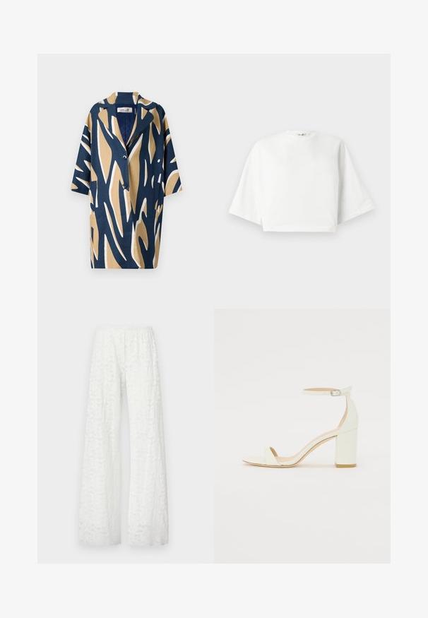 Rövidujjú ing merész absztrakt mintával sötétkék, bézs és fehér színekben, laza fazonnal és kivágott gallérral. Két elülső zseb.; Fehér, rövidített póló laza fazonnal, széles rövid ujjakkal, kerek nyakkal és oldalsó hasítékokkal, puha pamut anyagból készült.; Fehér, bő szárú nadrág, rugalmas derékkal, ami texturált, virágos csipkepatternt mutat az anyagon.; Fehér bőrsarkú szandál bokaankarral és csattal, minimális dizájnnal. Nyitott orrú és sima textúrákkal az egész felületen.