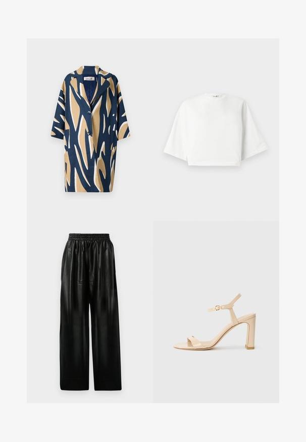 Hemd mit kurzen Ärmeln, das ein auffälliges abstraktes Muster in Marineblau, Beige und Weiß zeigt, mit einer lockeren Passform und einem eingekerbten Kragen. Mit zwei Fronttaschen.; Weißes, kürzer geschnittenes T-Shirt mit lockerer Passform, kurzen, weit geschnittenen Ärmeln, rundem Ausschnitt und seitlichen Schlitzen, aus weichem Baumwollmaterial.; Schwarze Leder-Hosen mit weitem Bein und elastischem Bund, ausgestattet mit zwei Seiten Taschen und einer glatten, glänzenden Oberfläche.; Beige High-Heel-Sandale mit Knöchelriemen und goldener Schnalle, offene Zehen und Blockabsatz auf weißem Hintergrund.