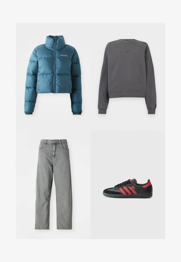 Gekürzter blauer Daunenjacke aus wasserabweisendem Gewebe. Verfügt über einen hohen Kragen, einen Frontreißverschluss und horizontale Nähte zur Isolierung.; Dunkelgrauer Sweatshirt mit rundem Ausschnitt, langen Ärmeln, gerippten Bündchen und Saum, mit einem dezenten Logo auf der Brust. Weiche Textur.; Helle graue Jeans aus Denim mit geradem Bein, ausgestattet mit einem button-closure vorne, fünf Taschen und einem dezenten Verblassen.; Schwarze Sneakers mit roten Streifen, aus Wildleder und Leder, runde Zehenform, flache Schnürsenkel, strukturierte Gummisohle und goldene Akzentdetails.