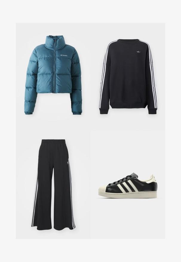 Geknipte blauwe pufferjas gemaakt van waterafstotende stof. Heeft een hoge kraag, een ritssluiting aan de voorkant en horizontale stiknaden voor isolatie.; Zwarte sweatshirt met lange mouwen, witte strepen langs elke arm en een klein grijs logo op de borst. Gemaakt van katoen, casual pasvorm.; Zwarte wijde sweatpants met een elastische tailleband, met witte zijstrepen en een geborduurd logo op de linker dij.; Zwarte leren sneaker met witte strepen, rubberen teenbescherming, zwarte veters en een crèmekleurige loopzool. Glad oppervlak met een glanzende afwerking.