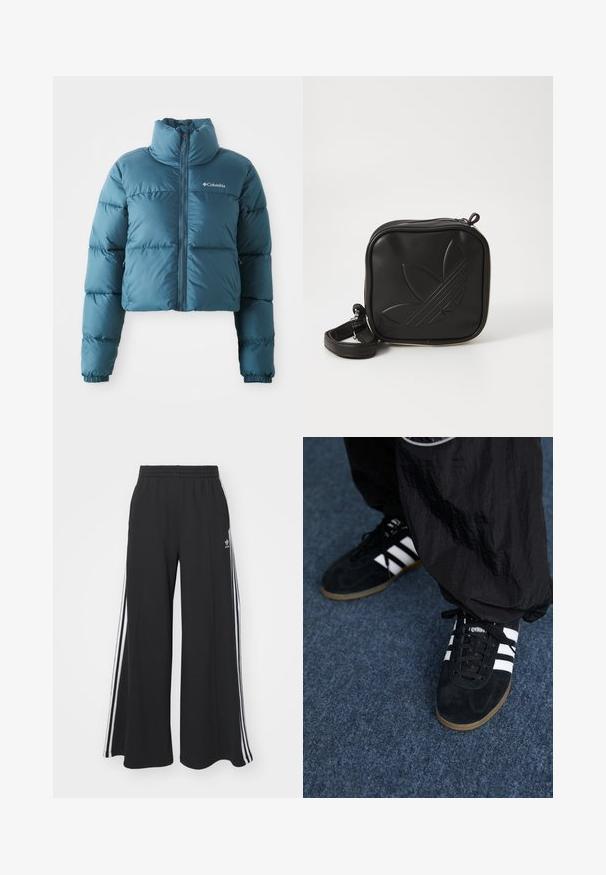 Cropped blue puffer jacket made of water-resistant fabric. Features a high collar, front zip, and horizontal stitching for insulation.; Black cotton t-shirt with short sleeves, round neckline, features a white Adidas logo on the chest. Simple design, relaxed fit.; Black wide-leg sweatpants with an elastic waistband, featuring white side stripes and an embroidered logo on the left thigh.; Black suede athletic shoes with three white stripes and black laces. A textured black pant is partially visible beside the shoes.; Black square crossbody bag made of textured synthetic material. Features an embossed logo design and adjustable strap. Zipper closure.