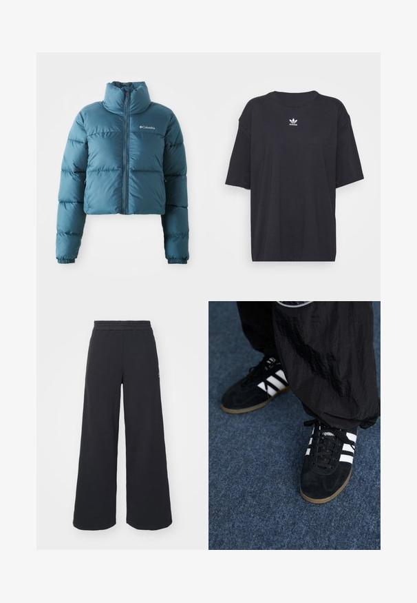 Cropped blue puffer jacket made of water-resistant fabric. Features a high collar, front zip, and horizontal stitching for insulation.; Black cotton t-shirt with short sleeves, round neckline, features a white Adidas logo on the chest. Simple design, relaxed fit.; Black wide-leg sweatpants made from soft fabric, featuring an elastic waistband and a small logo on the left side.; Black suede athletic shoes with three white stripes and black laces. A textured black pant is partially visible beside the shoes.