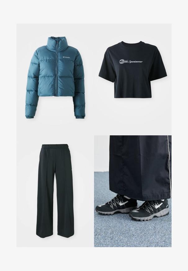 Cropped blue puffer jacket made of water-resistant fabric. Features a high collar, front zip, and horizontal stitching for insulation.; Cropped black cotton t-shirt with short sleeves, featuring white text "Vice Sportswear" and a circular graphic on the front.; Black, wide-leg athletic pants with an elastic waistband. Made from smooth, stretchy fabric, featuring subtle front seams and no pockets.; Black athletic shoes with a textured upper, silver accents, and a patterned outsole, paired with a black long garment. Set against blue carpet.