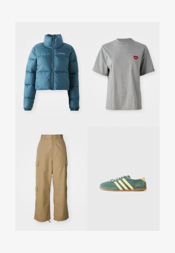 Casaco puffer azul cortado, feito de tecido resistente à água. Apresenta um colarinho alto, fecho frontal e costuras horizontais para isolamento.; T-shirt cinza de manga curta com decote redondo, com um pequeno patch em forma de coração vermelho no lado esquerdo do peito, com a inscrição "Carhartt WIP."; Calças cargo bege com uma cintura alta, pernas largas e quatro grandes bolsos laterais. Feitas de um tecido resistente com uma textura suave e minimalista.; Sapato de camurça verde com detalhes amarelos e três riscas. Bico arredondado, sola de borracha plana e logo da marca em destaque na lateral.