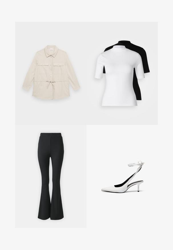 Gai bēšas krāsas pogājamais žakets ar garām piedurknēm, divām krūšu kabatām un sašaurināmu jostasvietu, lai pielāgotu izmēru. Gluda auduma tekstūra, klasiskā apkakle.; Divu piemērotu augsto apkakļu topu komplekts melnā un baltā krāsā. Īsas piedurknes, gluda kokvilnas auduma, cieši pieguļošs dizains. Nav rakstu vai grafikas.; Melni platas bikses, kas izgatavotas no elastīga auduma. Tām ir augsts viduklis un gluda, pieguloša forma, kas paplašinās no ceļa uz leju.; Baltas, ar norādītu pirkstu, ar siksniņu ap potīti. Gluda ādas virsma, plāns stiletto papēdis un melna iekšējā oderējums.