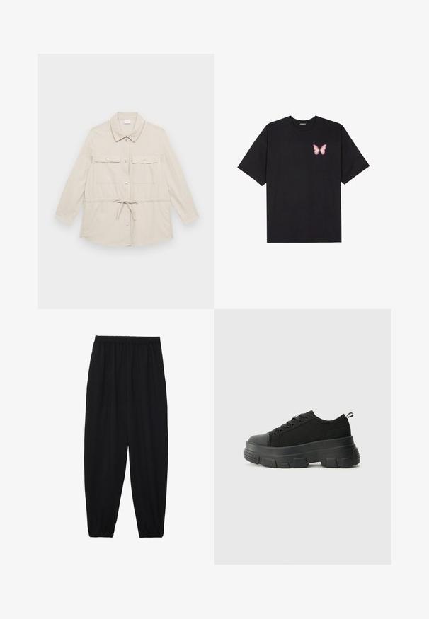 Svetlo béžová bundová s button-up zapínaním, dlhými rukávmi, dvoma náprsními vreckami a nastaviteľným pásom na sťahovanie. Hladká textúra látky, klasický golier.; Čierne bavlnené tričko s krátkymi rukávmi, s malým ružovým motýlikom na ľavej hrudi. Design s okrúhlym výstrihom a uvoľneným strihom.; Čierne, ľahké nohavice s elastickým pásom a zúženými nohavicami. Tkanina je hladká a má voľný, zúžený strih.; Čierne tenisky s masívnou gumovou podrážkou, textúrovaným textilným zvrškom, okrúhlou špičkou a šnurovaním. Obsahujú spevnené očká a zadný úchop.