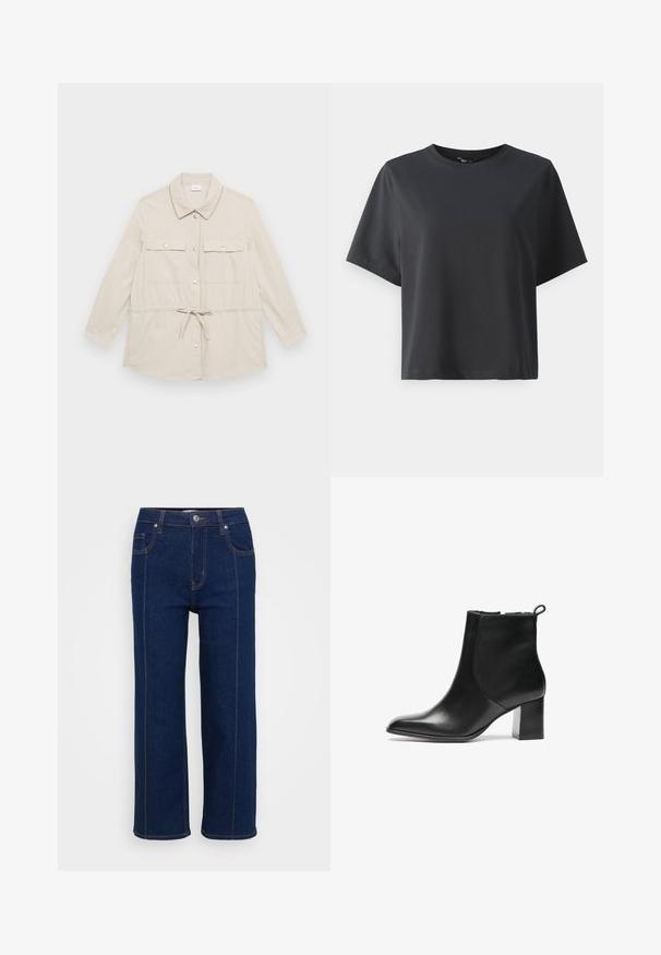 Lyse beige knappjakke med lange ermer, to brystlommer og snor i midjen for justerbar passform. Glatt stofftekstur, klassisk krage.; Svart bomull T-skjorte, korte ermer, rund hals, avslappet passform, jevn tekstur, enkel design, ingen mønstre eller aksenter.; Mørkeblå rette jeans med knappelukking, front- og baklommer, og synlig oransjefargede sømmer langs sømmene.; Svarte skinn ankelstøvler med rund tå, middels høy blokkhæl og en trekkflik bak. Glatt tekstur, minimalistisk design.