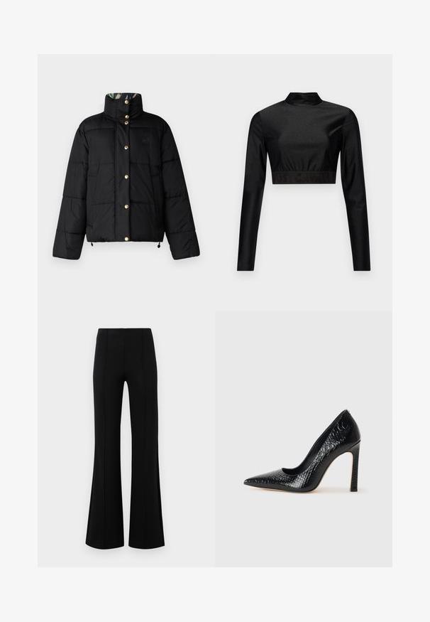 Černá prošívaná bunda s pozlacenými knoflíkovými uzávěry, vysokým límcem a prošívaným designem; obsahuje vzorovanou vnitřní podšívku.; Černý crop top vyrobený z třpytivého materiálu s dlouhými rukávy a límcem. Má žebrovaný lem s logem "JUST CAVALLI" v černé barvě.; Černé kalhoty s volným zakončením a vysokým pasem, vyrobené z elastického materiálu. Mají vertikální švy na přední straně a hladký povrch.; Černý lodičkový bot s špičatou špičkou, pokrytý texturou krokodýlí kůže, s elegantním designem, vysokým stiletto podpatkem a hladkým černým interiérem.
