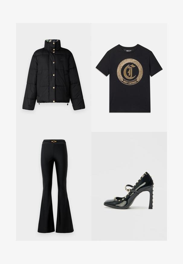 Juodas pūkinis švarkas su auksinėmis sagų užsegimais, aukštu apykakle ir siūtu dizainu; turi raštuotą vidinę pamušalą.; Juodas marškinėliai su apvaliu auksiniu grafiniu dizainu, kuriame stilizuotos raidės "C" ir tekstas "JUST CAVALLI". Trumpomis rankovėmis, apvaliu iškirpimu, pagaminti iš medvilnės.; Juodos išsiplėtusios kelnės su lygiu paviršiumi, turinčios prigludusią juosmenį ir auksinę apvalią įdėklą priekyje. Pagamintos iš elastingos medžiagos.; Juodas patentinis odinis aukštakulnis batelis su smailiu nosiu, kulkšnies dirželiu ir auksiniais studų akcentais aplink kraštus.