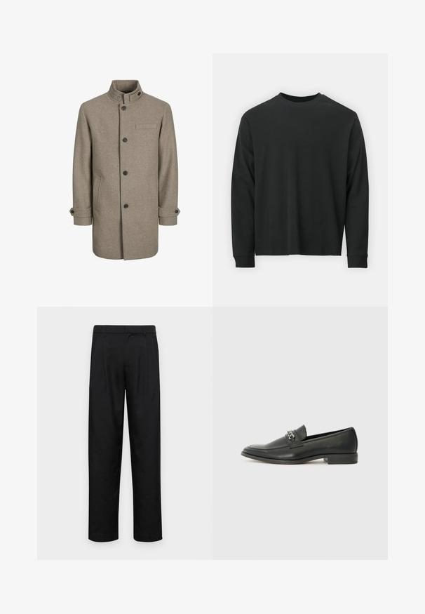 Brown wool coat with a high collar, button closure, two side pockets, and a chest pocket. Features black buttons and rolled cuffs.; Long-sleeve black T-shirt made of cotton, featuring a round neckline, loose fit, and ribbed cuffs. Smooth texture with no visible patterns.; Black trousers made of smooth fabric, featuring a straight-leg design, two front pleats, and standard waistband with belt loops.; Black leather loafer with a smooth finish, featuring a stitched design and a decorative metal chain accent across the vamp. Flat heel.