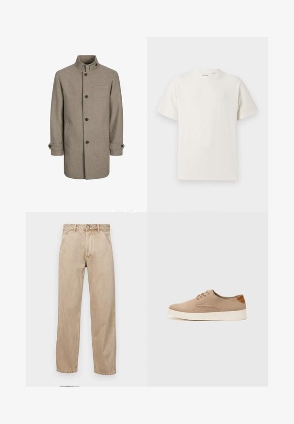 Brūns vilnas mētelis ar augstu apkakli, pogu aizdari, divām sānu kabatām un krūšu kabatu. Iezīmējas ar melnām pogām un sarullētām piedurknēm.; Balta krūštura īsām piedurknēm ar ribota auduma faktūru. Apaļš kakla izgriezums, brīvs griezums, bez redzamām rakstām vai akcentiem. Vienkāršs un daudzpusīgs dizains.; Beige džinsi ar taisnu kāju dizainu, ar priekšējiem kabatām, metāla pogu aizdari un smalku faktūru.; Beige zamšādas kedas ar noapaļotu purngala daļu, auklēm saplacinātu priekšpusi un teksturētu aizmugures akcentu. Balta gumijas zole nodrošina kontrastu. Vienkāršs un mūsdienīgs dizains.