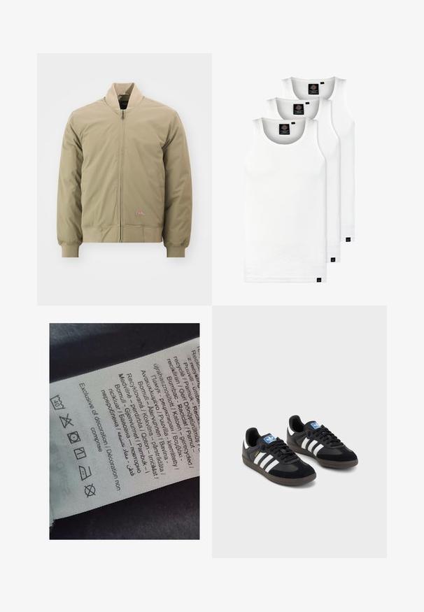 Svijetlo khaki bomber jakna s prednjim zatvaračem, rebrastim rukavima i mekim ovratnikom. Izrađena od glatke tkanine s malim logotipom na prsima.; Tri bele rebraste majice brez rokavov iz bombaža. Imajo okroglo izreza in majhne črne etikete blizu roba. Na voljo v več velikostih.; Oznaka s večjezičnim besedilom, simboli za nego in ikonami za recikliranje, tiskana na mehkem tkaninskem materialu svetle barve.; Črne športne copate z zgornjim delom iz semiša in sintetičnih materialov, ki imajo tri bele črte, teksturiran gumijast podplat in modro označevalno oznako na jeziku.