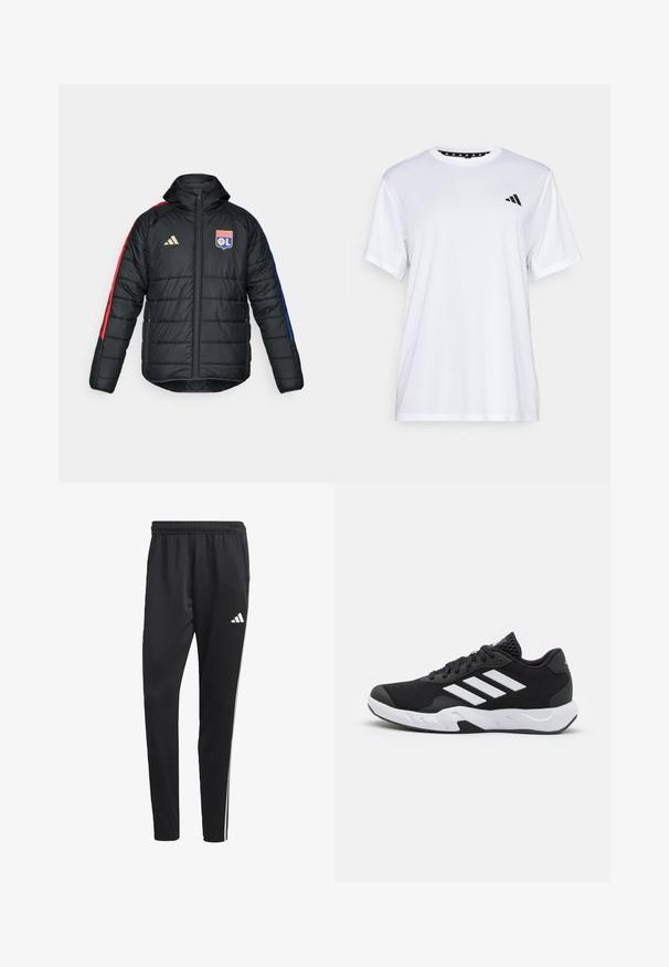 Črna puhovka s kapuco, z rdečimi in modrimi stranskimi črtami, prešita tekstura, zlat adidas logotip in grb Olympique Lyonnais.; Bela športna majica s kratkimi rokavi, izdelana iz tkanine, ki odvaja vlago. Ima črn logotip na levem prsnem delu in vzorčasto notranjo vratno odprtino.; Črne atletske hlače z raztegljivim pasom, belimi stranskimi črtami in majhnim belim logotipom na stegnu. Narejene so iz gladkega, lahkega materiala.; Črne atletske čevlje z strukturiranim mrežastim zgornjim delom, belimi poudarnimi črtami, oblazinjenim podplatom in ojačanim petnim delom za podporo.
