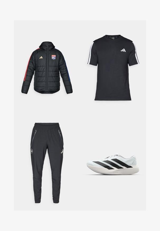 Black puffer jacket with hood, featuring red and blue side stripes, quilted texture, gold adidas logo, and Olympique Lyonnais crest.; Black T-shirt made of cotton with short sleeves, featuring white stripes on the shoulders and a white logo on the left chest.; adidas Performance ARSENAL FC TIRO25 COMPETITION VIS TECH TRAVEL PANT - Club wear - black; Lightweight running shoes in pale blue with black stripes. Features a smooth upper, round toe, and thick white midsole labeled "LIGHTSTRIKE PRO."