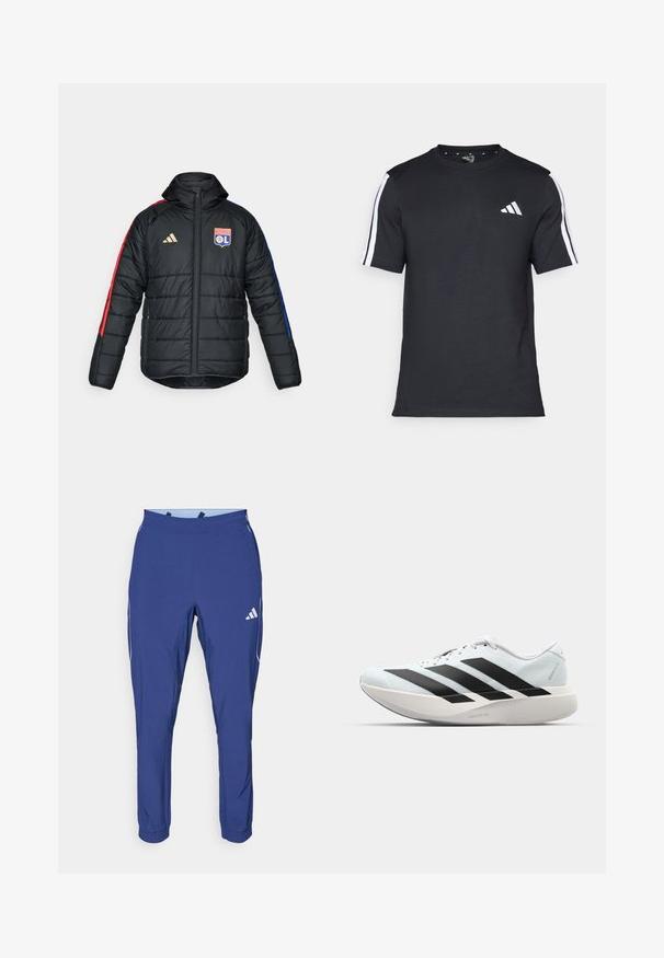 Juodas pūkuotukas su kapišonu, turintis raudonas ir mėlynas šonines juosteles, siuvinėta tekstūra, auksinis „adidas“ logotipas ir Olimpiak Lyonnais emblema.; Juodas medvilninis marškinėlis trumpomis rankovėmis, su baltais dryžiais ant pečių ir baltu logo kairiajame krūtinėje.; adidas Performance TECH APP - Treningo apatinė dalis - dark blue/glow blue; Lengvi bėgimo batai šviesiai mėlynos spalvos su juodomis juostelėmis. Yra lygus viršus, apvalus pirštas ir storas baltas vidpadis su užrašu "LIGHTSTRIKE PRO."