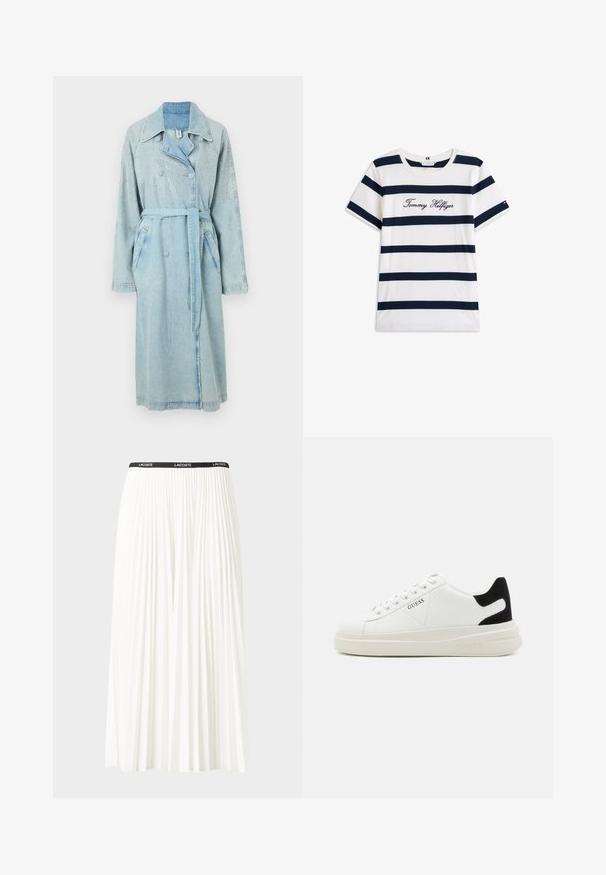 Svetle modrý denimový trenčkot s páskem v oblasti pasu, dvouřadým zapínáním a okrasnými lesklými detaily v horní části.; Bavlněné tričko s horizontálními námořnickými pruhy na bílém pozadí. Na hrudi je výšivka "Tommy Hilfiger" v kurzívě. Kulatý výstřih.; Záhybová bílá sukně s černým elastickým pasem s logem "LACOSTE". Suška je střední délky a má jemnou texturu.; Bílé kožené tenisky s tlustou bílou podrážkou, černým semišovým akcentem na patě a vyraženým logem na boku. Šněrovací design se šesti očka.
