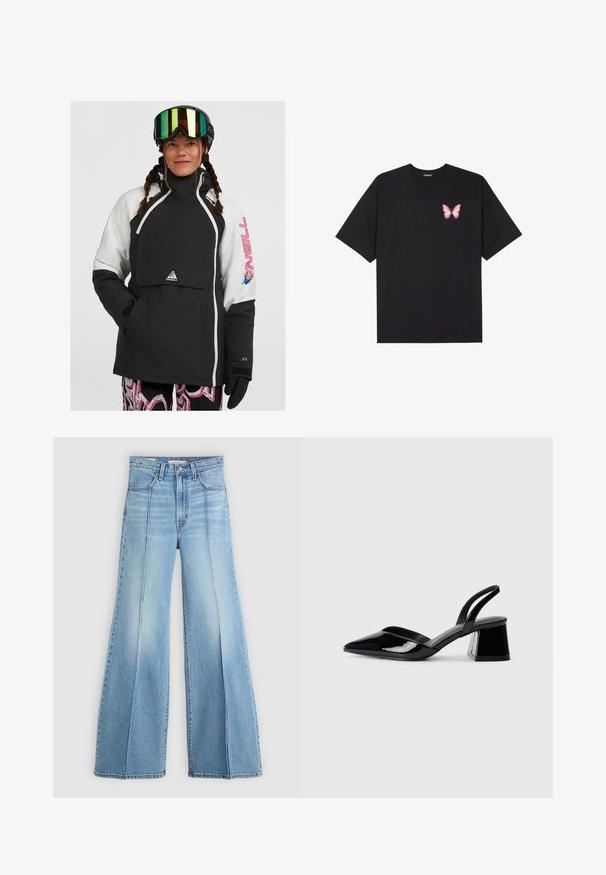 Svart og hvit isolert pullover-jakke med frontlomme, justerbar hette og rosa logo-detaljer. Har teksturert stoff og elastiske ermer.; Svart bomulls T-skjorte med korte ermer, med en liten rosa sommerfugl grafikk på venstre bryst. Crew-neck design med en avslappet passform.; Lyseblå høytlivsjeans med vide ben, front- og baklommer, beltehemper og vertikale sømdetaljer foran.; Svarte patentlær slingback hæler med spiss tå og geometrisk blokk hæl. Har et stilrent, minimalistisk design og jevn tekstur.