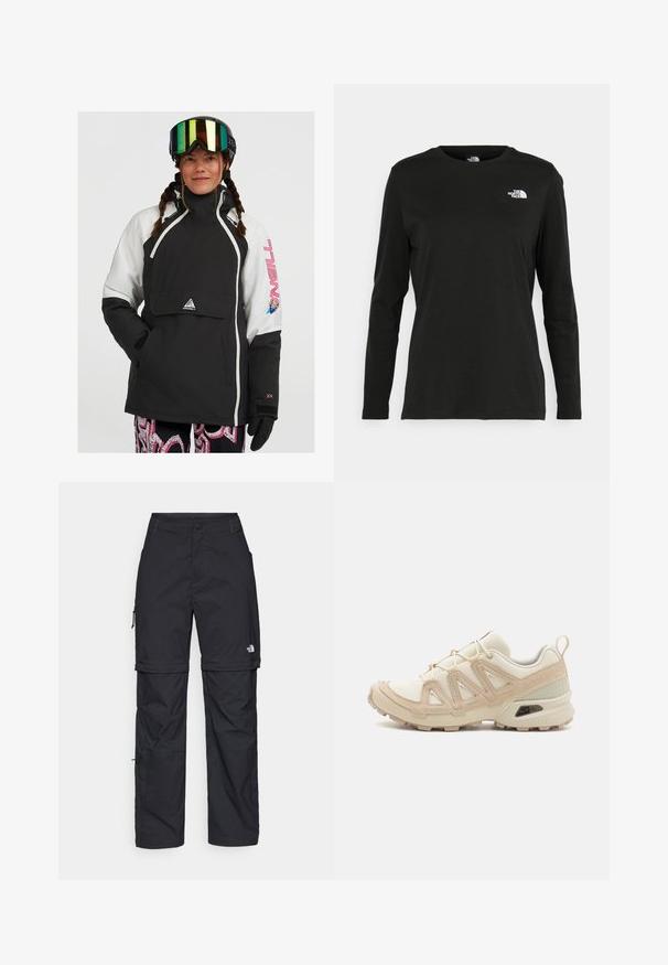 Black and white insulated pullover jacket with a front pocket, adjustable hood, and pink logo accents. Features textured fabric and elastic cuffs.; Black long-sleeve t-shirt made of cotton with a round neck. Features a small white logo on the left chest area. Simple design and fit.; Black nylon zip-off cargo trousers with adjustable cuffs, multiple pockets, and a logo on the right leg. Smooth, lightweight texture.; Beige and cream athletic shoe with textured mesh upper, supportive overlays, and rubber outsole featuring a tread pattern for traction.