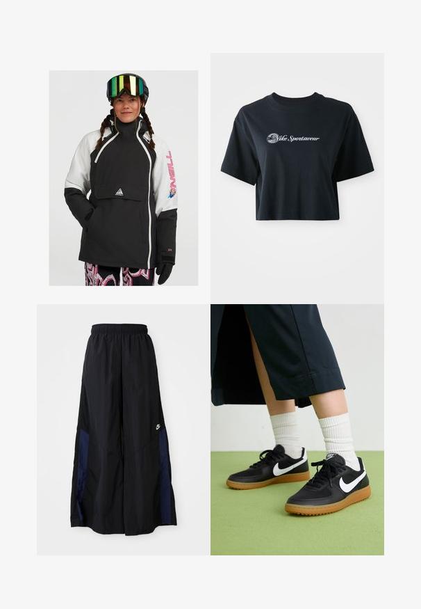 Crno-bijeli izolirani pulover jakna s prednjim džepom, podesivom kapuljačom i ružičastim logotipom. Sadrži teksturiranu tkaninu i elastične rukave.; Skraćena crna pamučna majica s kratkim rukavima, s bijelim natpisom "Vice Sportswear" i kružnom grafikom sprijeda.; Crne hlače širokih nogavica izrađene od lagane tkanine, sa tamnoplavim bočnim panelom i elastičnom stražnjom trakom. Mali bijeli logo je na dnu.; Crne kožne i sintetičke tenisice s bijelim Nike swooshom, gumeni potplat, okrugli vrh i crne vezice. Vidljive rebraste bijele čarape.