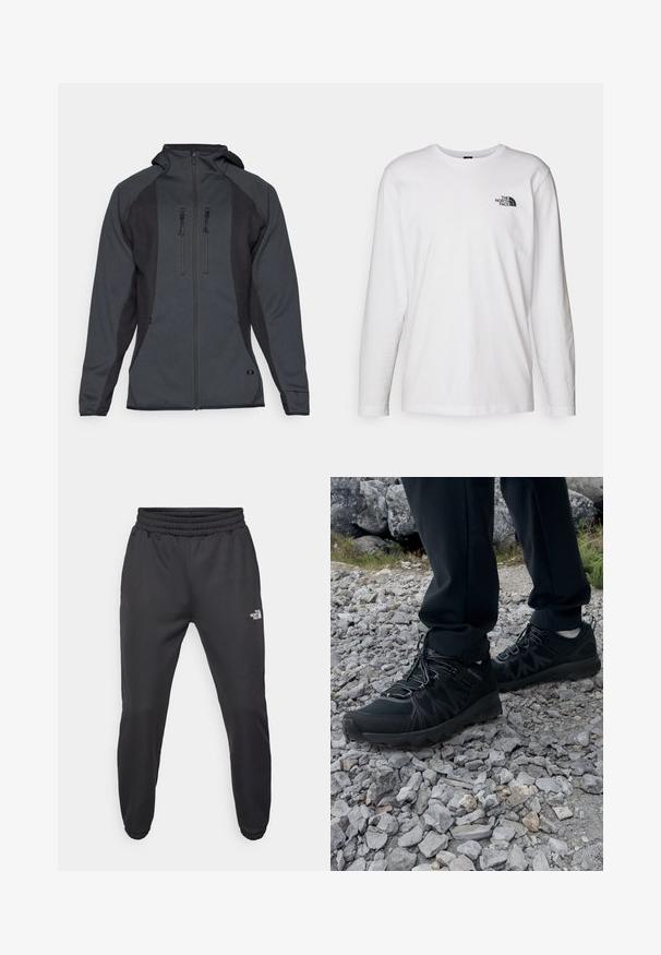 Oakley NORDIC MID FULL ZIP HOOD - Giacca in pile - blackout; T-shirt bianco a maniche lunghe in cotone con colletto rotondo. Presenta un piccolo logo nero sul petto. Texture liscia, vestibilità regolare.; Pantaloni sportivi neri con vita regolabile tramitecordino, vestibilità affusolata, polsini elasticizzati e un piccolo logo bianco sulla coscia sinistra, realizzati in tessuto morbido.; Scarpe da esterni nere realizzate in mesh e materiale sintetico, con una parte superiore testurizzata, un sistema di allacciatura sicuro e una suola robusta, su terreno roccioso.