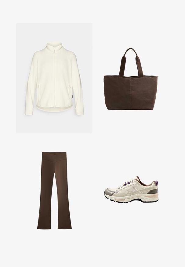 Bijela flis jakna s visokim ovratnikom, prednjim patentnim zatvaračem i bočnim džepovima. Mekana tekstura s malo dužim stražnjim resicom, ležeran dizajn.; Smeđi rebrasti pleteni pulover s okruglim izrezom i raglan rukavima. Ima skraćenu dužinu i teksturiranu tkaninu. Nema vidljivih zatvarača.; Smeđe trapke s proširenim nogavicama i visokim strukom uz dodatak ukrštanja. Izrađene od glatkog, rastezljivog materijala za udobnost i savršeno prilagođavanje.; Svijetlo bež atletska cipela s tamnosivim naglascima, teksturiranom mrežastom gornjom površinom, ljubičastim detaljima na vezicama i višeslojnim potplatom.; Smeđa platnena torba s dvije čvrste ručke, pravokutnog oblika, minimalnim detaljima šivanja i glatkom teksturom.