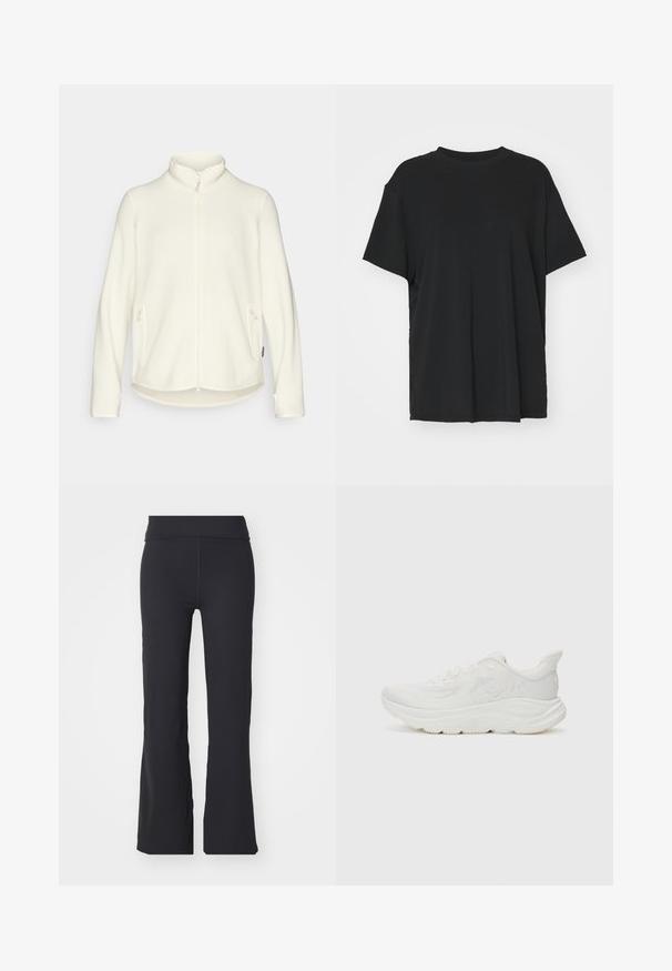 Biely fleece zakrývajúci s vysokým golierom, predným zipsom a bočnými vreckami. Mäkko textúra s mierne dlhším zadným lemom, ležérny dizajn.; Čierne tričko s krátkym rukávom vyrobené z hladkej tkaniny, s okrúhlym výstrihom a voľným strihom. Obsahuje bočné rozparky pre väčšie pohodlie a priedušnosť.; Čierne rozširujúce nohavice vyrobené z elastického materiálu s vysokým pásom. Majú čisté línie a hladkú textúru, vhodné na bežné nosenie.; Biele bežecké topánky s textúrovaným sieťovinovým zvrškom, polstrovaným golierom, hrubou medzipodrážkou a gumovou podrážkou. Obsahuje detail loga na boku.