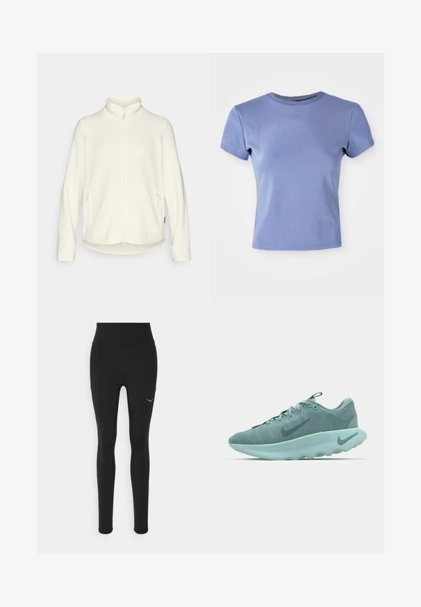 Chaqueta de forro polar blanca con un cuello alto, cremallera frontal y bolsillos laterales. Textura suave con un dobladillo trasero ligeramente más largo, diseño casual.; Camiseta ajustada de color púrpura claro, hecha de tejido de canalé, con cuello redondo y mangas cortas. Incluye un pequeño logotipo en el pecho.; Leggings negros con cintura alta, fabricados en material elástico. Presentan un pequeño logo blanco en el lado izquierdo y detalles en la costura lateral.; Zapatilla deportiva de color verde claro con parte superior de punto texturizado, suela redondeada y un logo de swoosh prominente en un verde más oscuro en el lateral.