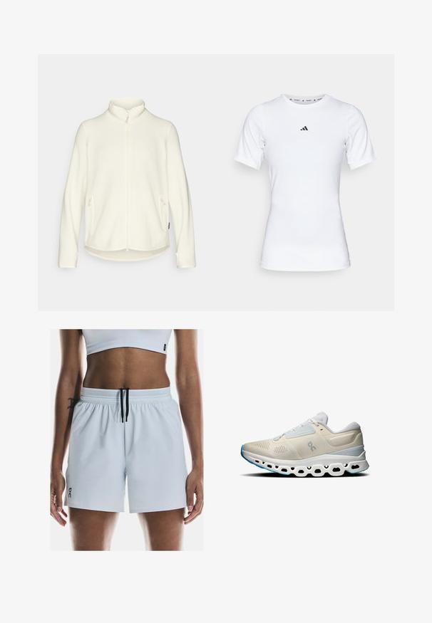 Fehér bolyhos dzseki magas gallérral, elülső cipzárral és oldalsó zsebekkel. Puha tapintású, egy kicsit hosszabb hátul, hétköznapi dizájn.; Fehér sportpóló, rövid ujjú, sima, rugalmas anyagból készült. Kicsi fekete Adidas logó található a mellkasán.; Világoskék sportnadrág elasztikus derékkal, állítható fekete húzózsinórral és oldalsó sliccekkel a rugalmasság érdekében. Fekete márkajelzés.; Futócipő világos bézs és fehér színben, légáteresztő hálós felsőrésszel, párnázott talppal és jellegzetes bemetszett mintával a talpon.