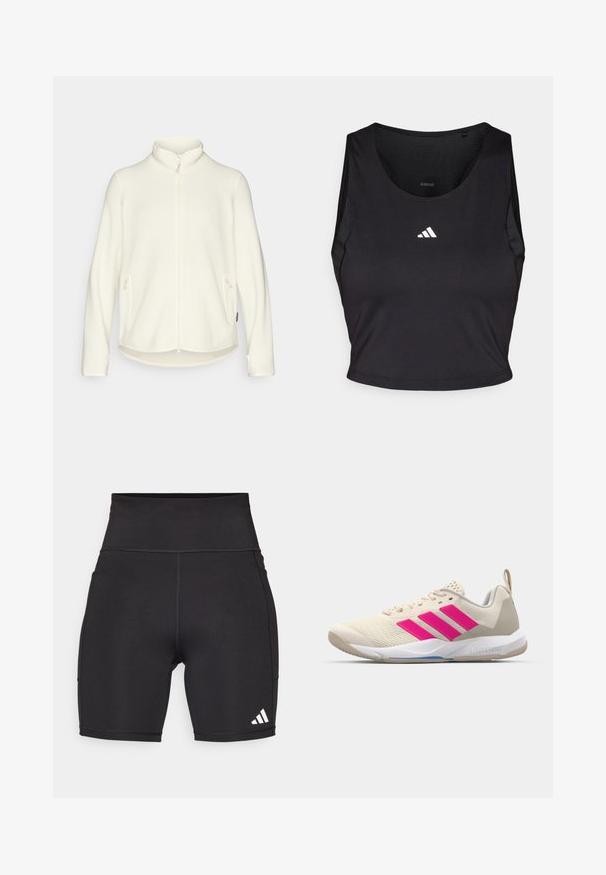Giacca in pile bianca con colletto alto, zip frontale e tasche laterali. Tessuto morbido con un orlo posteriore leggermente più lungo, design casual.; Crop top sportivo nero realizzato in tessuto traspirante, con collo rotondo, senza maniche e logo bianco sul petto.; Pantaloni sportivi neri realizzati in tessuto elasticizzato. Vita alta, lunghezza a metà coscia, con logo a tre righe bianche sul lato inferiore sinistro.; Scarpa sportiva beige con logo a tre strisce rosa, tomaia in rete testurizzata, collo imbottito e suola in gomma bianca, con il marchio "LIGHTSTRIKE".