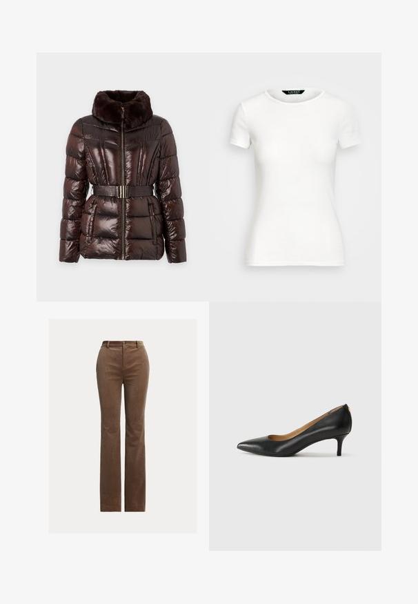 MICHAEL Michael Kors PACKABLE JACKET - Vinterjakke - chocolate; Hvit bomulls T-skjorte med kort erme, rund hals, tettsittende design og glatt tekstur. Logomerke ved halsen.; Brune cordfløyelsbukser med rett ben-design, som har beltehemper, frontlommer og subtile vertikale ribber for tekstur.; Sorte lærpumpe med spiss tå, lav hæl og en glatt tekstur. Har en liten åpning foran og minimalt med beslag bak.