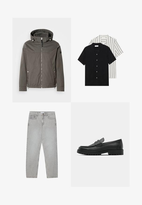 Veste grise, résistante à l'eau, avec capuche, fermeture éclair à l'avant, deux poches latérales et ourlet à cordon de serrage. Texture lisse, design minimaliste.; Deux chemises à manches courtes : l'une noire unie, l'autre blanche avec des rayures verticales noires. Les deux ont des boutons et un col classique.; Pantalon en denim gris clair avec une coupe droite, cinq poches et une fermeture à bouton. Coutures visibles le long des coutures.; Mocassins en cuir noir à bout arrondi, avec un design cousu, une semelle plateforme basse et une semelle en caoutchouc texturée et crantée.