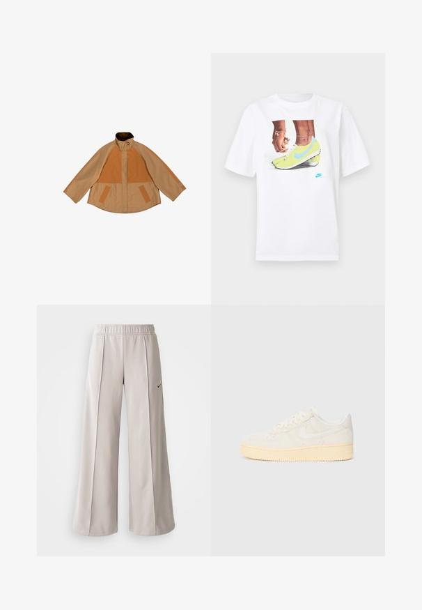 Karamellpruun jakk, millel on soonilised oranžid paneelid, kõrge krae ja suurendatud lõige. Omab kahte esimest taskut ja kontrastseid tekstuure varrastes.; Valge puuvillane T-särk, millel on kollaste Nike jalatsite ja siniste aktsentidega jalgade graafika, kombineeritud vasakul randmel oleva käevõruga.; Heledad hallide püksid, mis on valmistatud siledast kangast. Omab elastset vöökohta ja musta Nike logo vasakul küljel.; Valged tennised tekstuuriga pealmise osaga, ümmarguse ninaga ja kollaka kummitaldaga. Omab diskreetset logo ja paeltega sulgemist.
