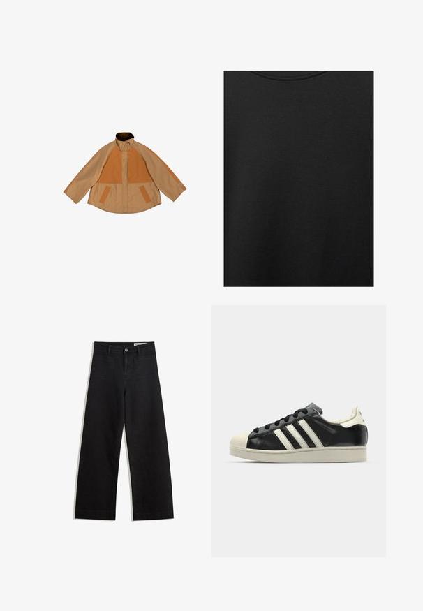 Beżowa kurtka z pomarańczowymi, prążkowanymi panelami, wysokim kołnierzem i luźnym krojem. Posiada dwie przednie kieszenie oraz kontrastowe tekstury na rękawach.; Czarna bawełniana tkanina o gładkiej teksturze i okrągłym dekolcie, z delikatnym, równomiernym wzorem włókna. Brak widocznych logo lub akcentów.; Czarne dżinsowe spodnie o szerokich nogawkach i wysokim stanie, z przednimi i tylnymi kieszeniami, przeszyciami oraz zapięciem na guziki. Gładka struktura.; Czarne skórzane trampki z białymi paskami, gumowym czubkiem, czarnymi sznurówkami i kremową podeszwą. Gładka faktura z połyskującym wykończeniem.