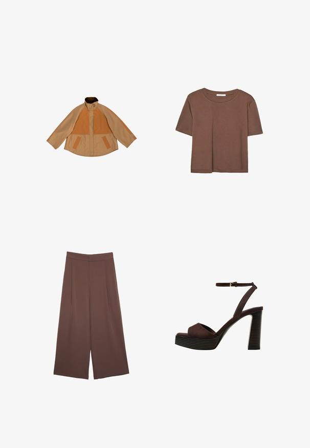 Beżowa kurtka z pomarańczowymi, prążkowanymi panelami, wysokim kołnierzem i luźnym krojem. Posiada dwie przednie kieszenie oraz kontrastowe tekstury na rękawach.; Brązowa koszulka z krótkim rękawem, wykonana z miękkiego materiału, z okrągłym dekoltem i luźnym krojem. Brak widocznych wzorów lub akcentów.; Brązowe spodnie o szerokich nogawkach z gładką fakturą, z wysokim stanem i plisami z przodu. Materiał jest lekki i luźno opada.; Brązowe zamszowe sandały na wysokim obcasie z odkrytymi palcami, regulowanym paskiem na kostce i paskowatą podeszwą.