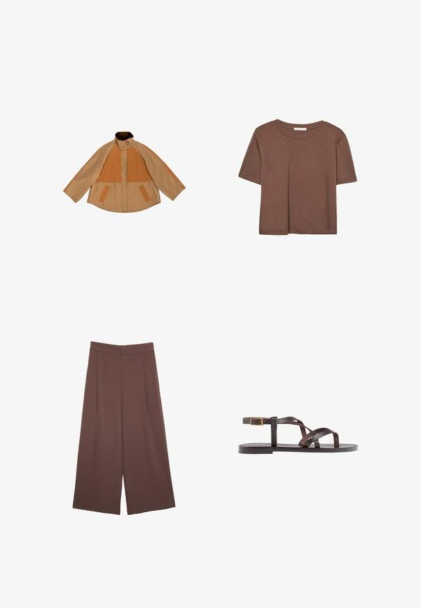 Beżowa kurtka z pomarańczowymi, prążkowanymi panelami, wysokim kołnierzem i luźnym krojem. Posiada dwie przednie kieszenie oraz kontrastowe tekstury na rękawach.; Brązowa koszulka z krótkim rękawem, wykonana z miękkiego materiału, z okrągłym dekoltem i luźnym krojem. Brak widocznych wzorów lub akcentów.; Brązowe spodnie o szerokich nogawkach z gładką fakturą, z wysokim stanem i plisami z przodu. Materiał jest lekki i luźno opada.; Brązowe skórzane sandały z krzyżującymi się paskami, zapięciem na klamrę przy kostce oraz płaską podeszwą z minimalnymi detalami szycia.