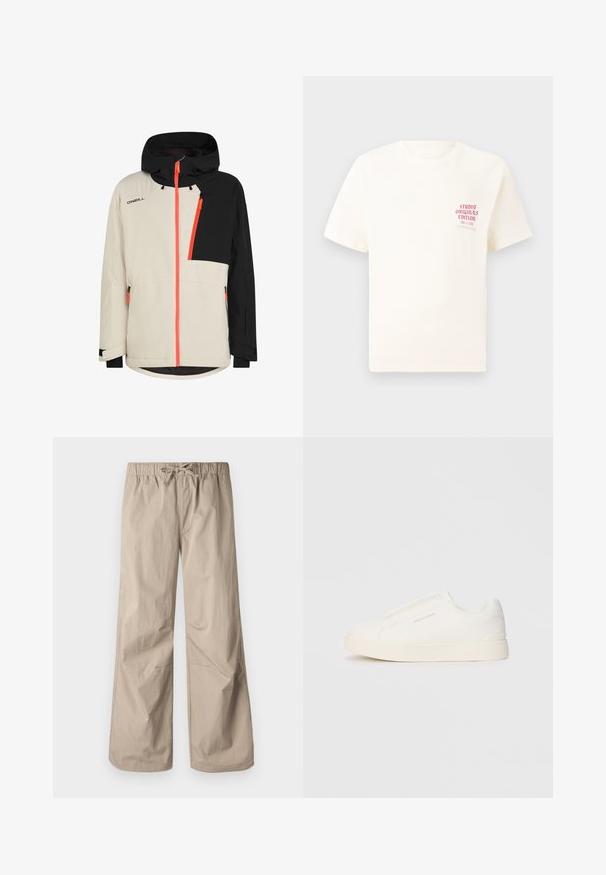 Chaqueta con capucha en beige y negro a dos tonos, con cremalleras de color naranja brillante y el logo de O'Neill en el pecho, bolsillos con cremallera y puños ajustables.; Camiseta blanca de manga corta con el texto rojo "Edición de Studio Originals" en el lado izquierdo del pecho, exhibida sobre un fondo gris neutro.; Pantalones beige de pierna ancha con cintura elástica y cordón. Textura suave, dos bolsillos laterales y costuras mínimas para un ajuste relajado.; Zapatillas blancas tipo slip-on con una superficie texturizada, suela gruesa y diseño minimalista. Presenta el logo de la marca en un lado.