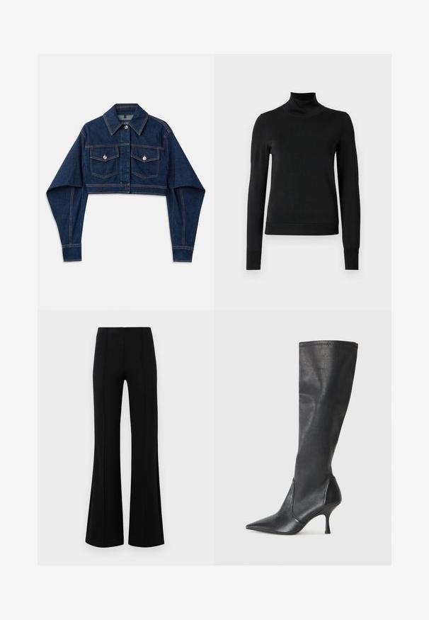 Tamsiai mėlyna trumpa džinsinė striukė su ilgomis rankovėmis, dviem krūtinės kišenėmis ir sidabriniais mygtukais. Ypatybė – kontrastinga oranžinė siuvimo detalė.; Juoda ilgomis rankovėmis turtleneko tipo megztinis su rebruotomis rankovėmis ir apačia, eksponuojamas ant paprasto balto fono.; Juodos plačios kelnės su aukštu liemeniu, pagamintos iš tamprios medžiagos. Priekinėje dalyje yra vertikalūs siūlų akcentai ir lygus paviršius.; Juodų odinių batų iki kelių su smailiu pirštu ir plonu stiletto kulnu. Lygus paviršius, pritaikytas dizainas ir siuvimas viršutiniame krašte.