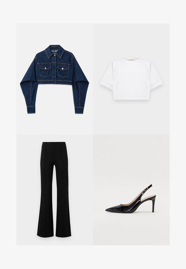 Tumedast sinine lühike teksajakk pika varrukaga, kaks rinna taskut ja hõbedased nupud. Omab kontrastset oranži õmbluse detaili.; Lühikeste varrukatega, pehmest kangast lõigatud valge T-särk, millel on ümar kaelus ja soonikuga ääred. Lihtne ja ilma kaunistusteta disain.; Mustad põlvpüksid kõrge vöökohaga, valmistatud venivast kangast. Esiküljel on vertikaalsed õmblusdetailid ja sile tekstuur.; Must hõbedavärvi patendiga slingback kontsakingad terava varbaga, kitsas konts ja peene lõikega disain. Statistika on kuldne pandla rihmal.