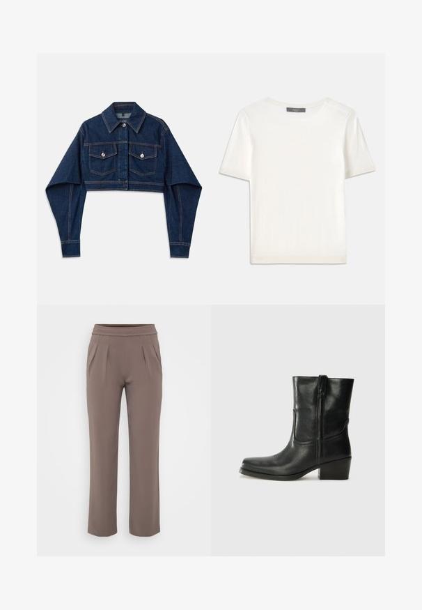 Tmavě modrá zkrácená džínová bunda s dlouhými rukávy, dvěma náprsními kapsami a stříbrnými knoflíky. Obsahuje kontrastní oranžové švy.; Bílý pletený top s krátkým rukávem a kulatým výstřihem, s hladkou strukturou a jemnými ribovými akcenty na rukávech a lemu.; Taupe volné kalhoty s elastickým pasem a předními záhyby, vyrobené z hladkého materiálu.; Černá kožená kotníková bota s kulatou špičkou, blokovým podpatkem, bočním zipem a prošíváním na svršku. Hladký povrch, klasický design.