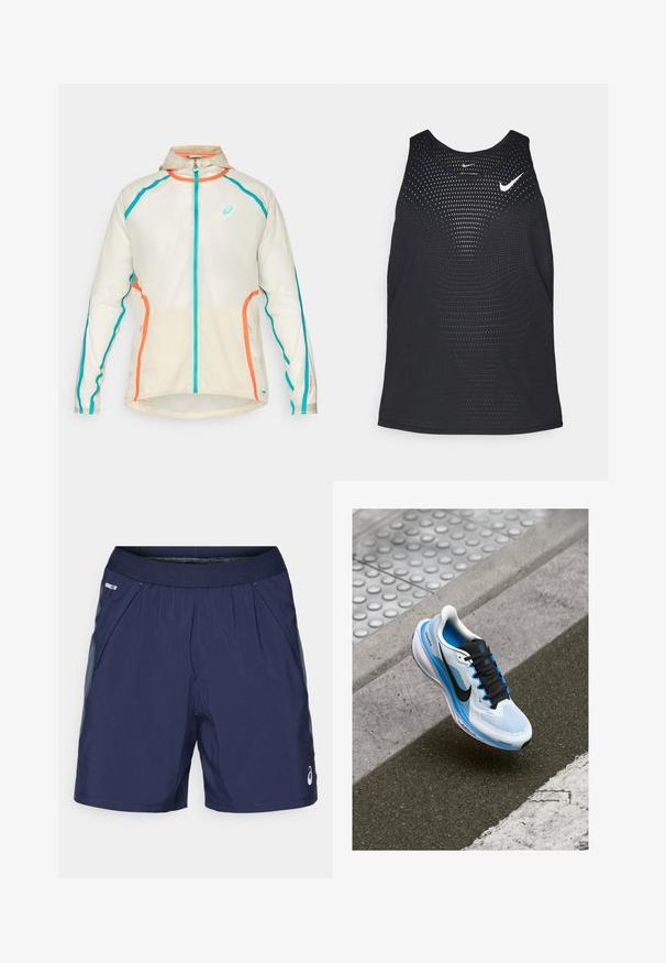 ASICS LIMITED SERIES ROAD PACKABLE JACKET - Giacca da running - birch; Canottiera nera da ginnastica con una texture perforata e scollatura arrotondata. Presenta un logo Nike bianco sul petto.; Pantaloni shorts sportivi blu navy con vita elastica, tasche laterali e dettagli grigio chiaro. Realizzati in tessuto leggero e morbido per il massimo comfort.; Scarpa da corsa bianca e blu con lacci neri e il logo Nike sospeso sopra l'asfalto e il bordo del marciapiede.