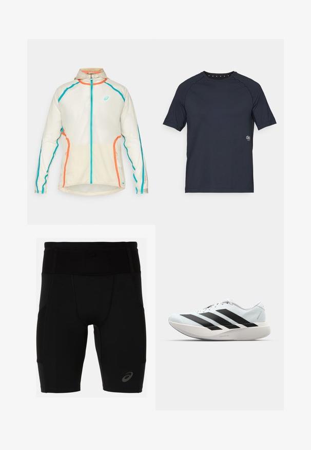 ASICS LIMITED SERIES ROAD PACKABLE JACKET - Veste de running - birch; T-shirt à manches courtes bleu marine foncé en tissu léger, avec un col rond et de petits détails en œillet à l'arrière, ainsi qu'un logo sur le devant.; Shorts de sport noirs avec un design ajusté, fabriqués en matériau lisse. Présentent une taille haute et un petit logo sur la jambe gauche inférieure.; Baskets de course légères en bleu pâle avec des rayures noires. Elles présentent un dessus lisse, un embout rond et une semelle intermédiaire blanche épaisse étiquetée "LIGHTSTRIKE PRO".